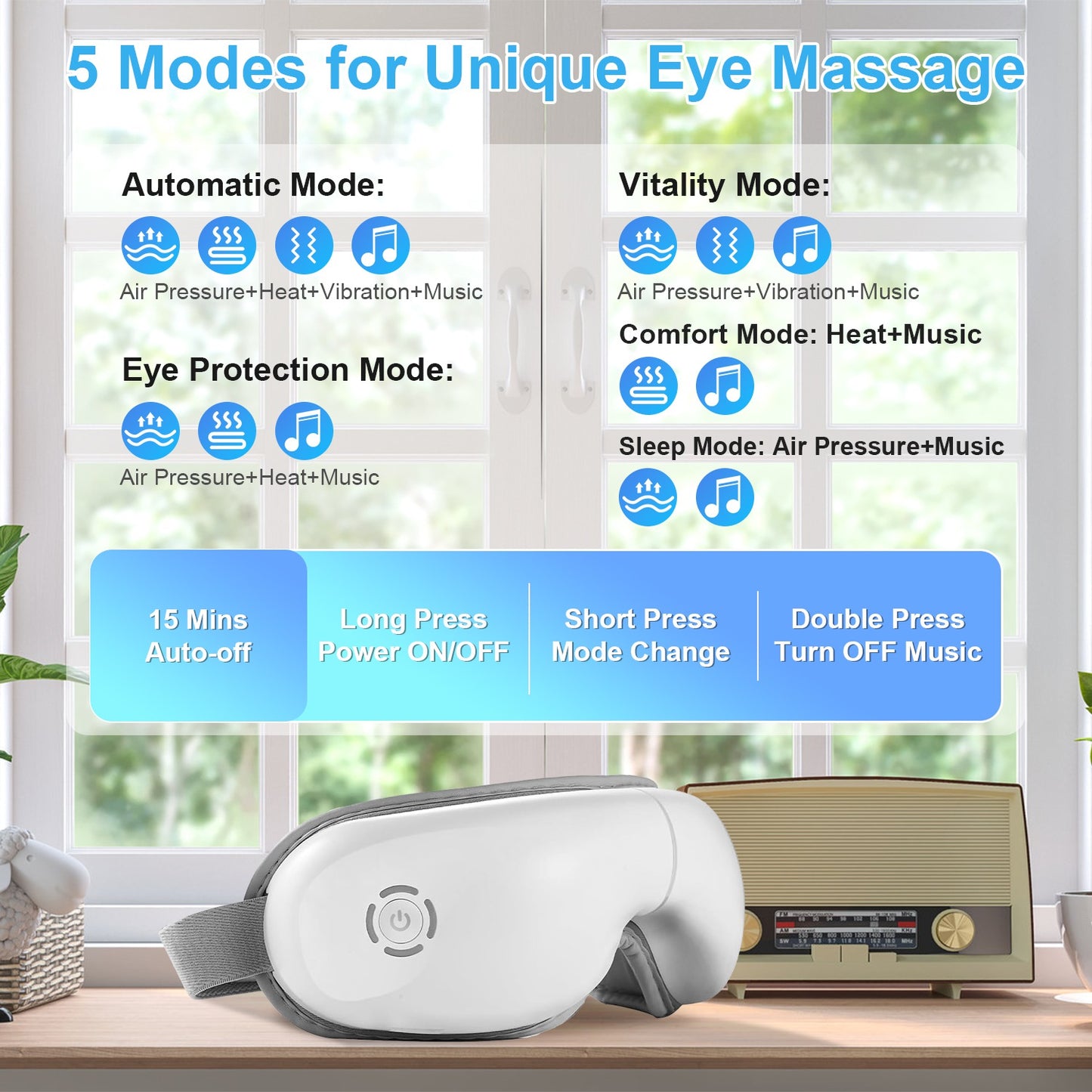 1Pc Eye Massager With Heat Music Air Pressure Vibration Massage Rechargeable For Men Women Elders Wireless Eye Mask