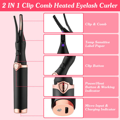 1Pc 2 In 1 Clip Comb Heated Eyelash Curler Electric Mini Lash Curler Natural Eye Lash Makeup Tool With 3 Temp Settings 15Mins Shutdown