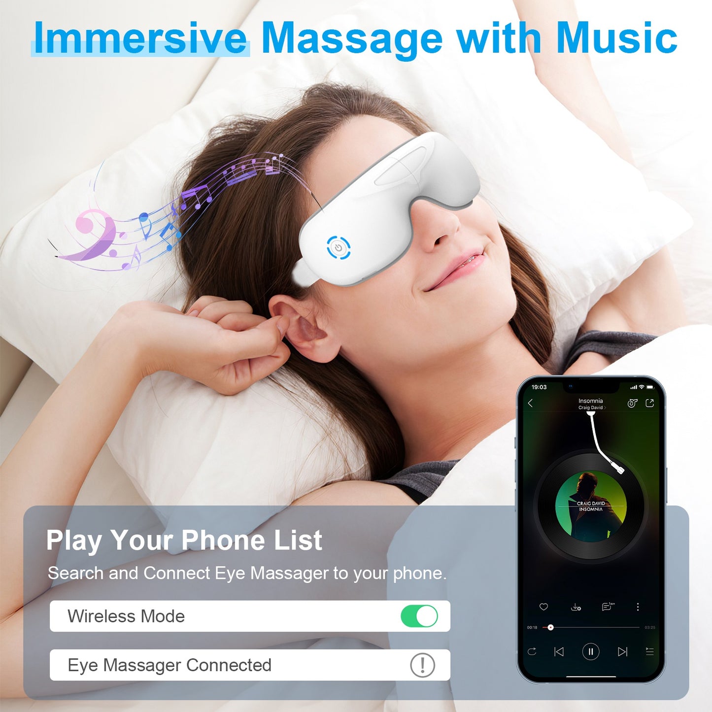 1Pc Eye Massager With Heat Music Air Pressure Vibration Massage Rechargeable For Men Women Elders Wireless Eye Mask